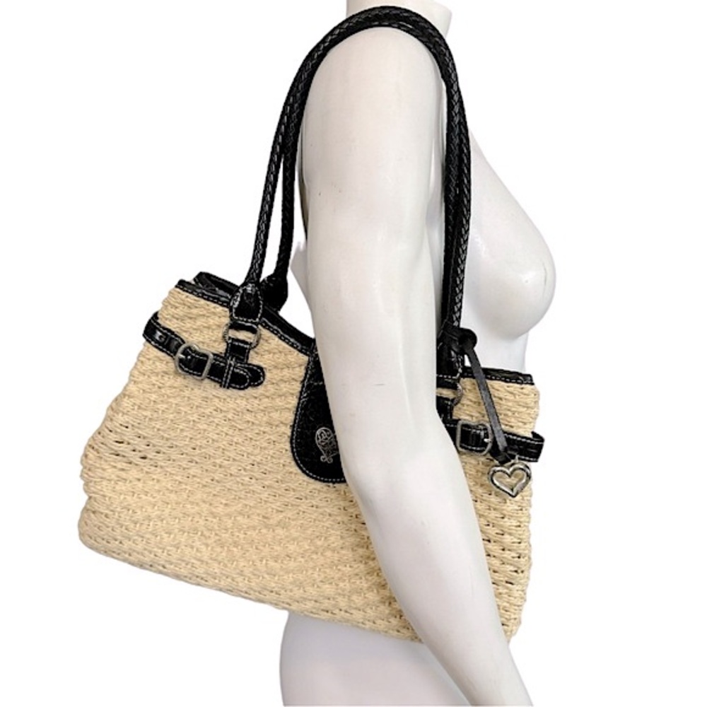 VINTAGE BRIGHTON Natural Woven Jute Black Croc Embossed Leather Shoulder Tote